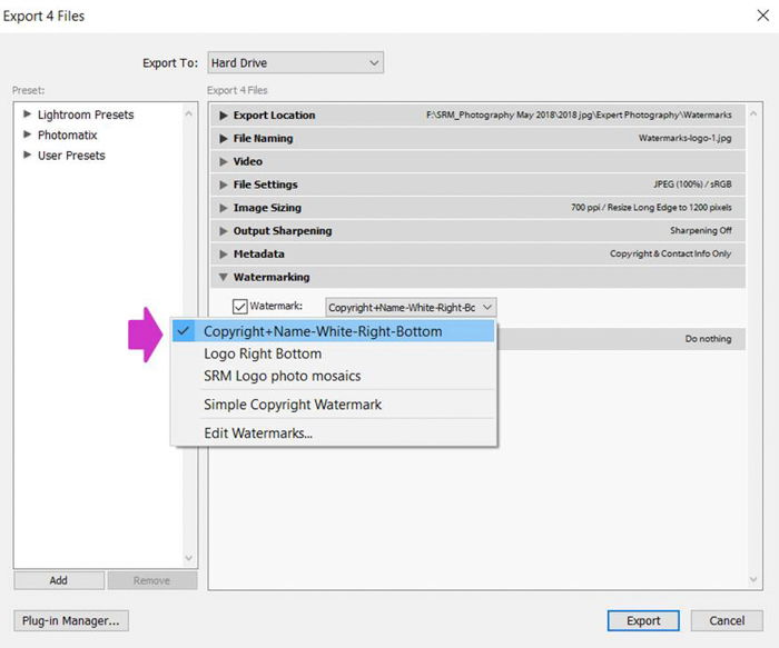 a screenshot showing how to add a watermark in lightroom 