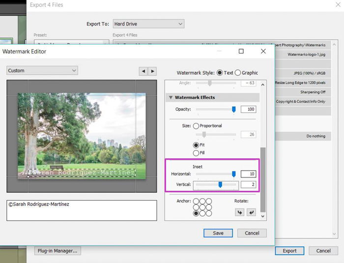 a screenshot showing how to add a watermark in lightroom - inset section