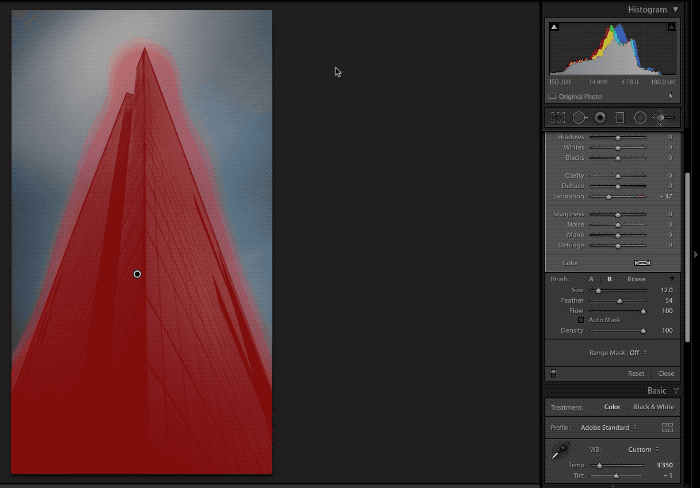 Animated gif of a skyscraper being edited using lightroom auto mask
