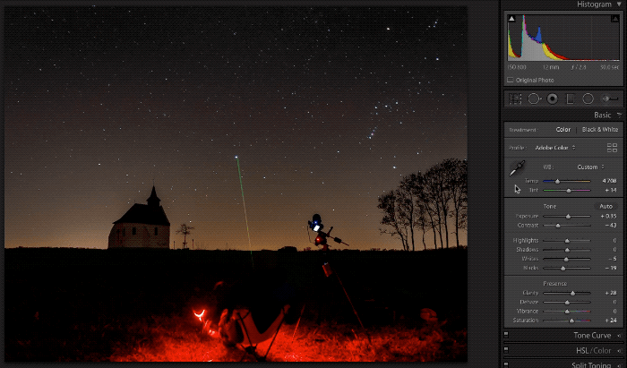 Animated gif showing the process of removing lightr pollution from a photo of a starry landscape using Lightroom auto masking