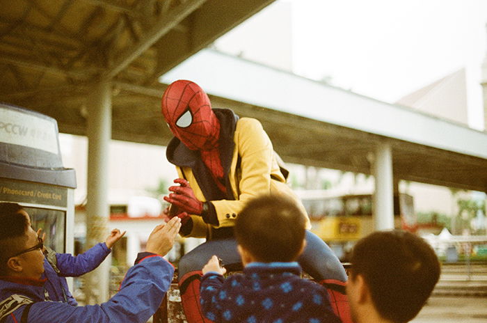 Dreamy cosplay photography of a person dressed as spiderman