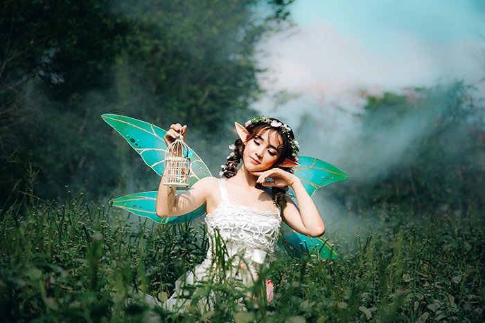 Dreamy cosplay photography of a female model dressed as fairy posing in a field