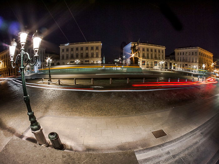 A street scene in Brussels shot with a fisheye lens