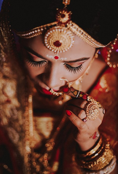 A close up portrait of the bride at an Indian wedding