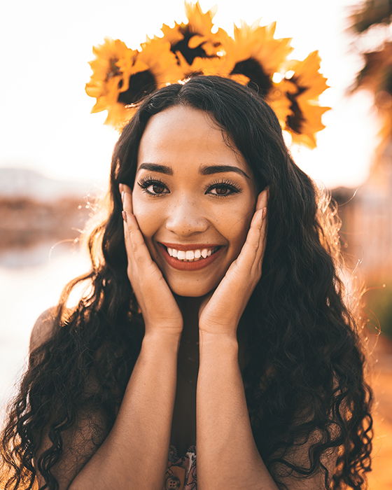 Striking portrait of a beautiful female model posing for a makeup photography shoot