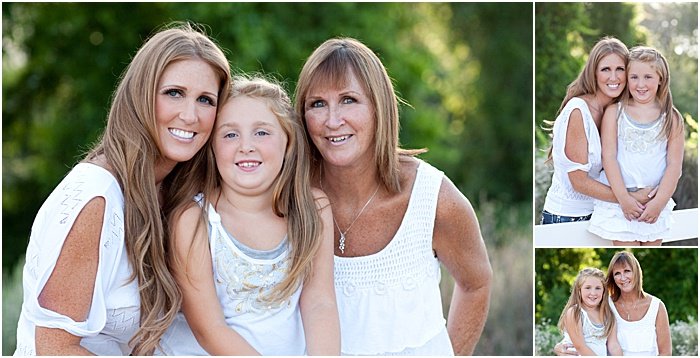 A triptych portrait of a mother and two adult daughters outdoors in a park