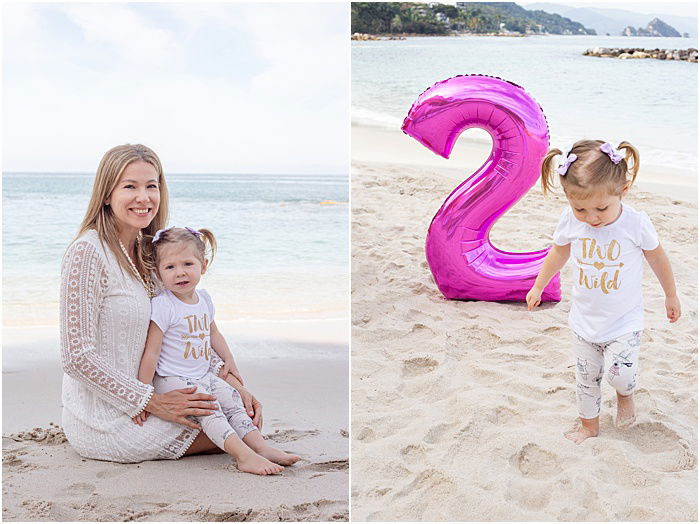 A diptych portrait of a mother and young daughter on the beach