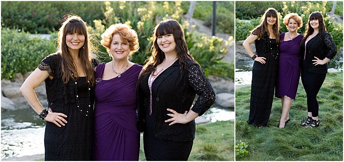 A diptych portrait of a mother and two adult daughters outdoors in a park