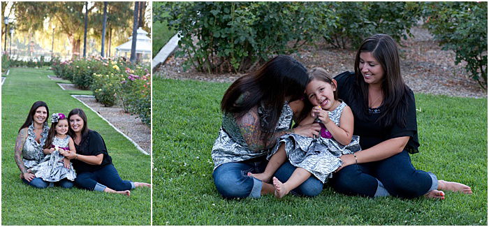 A diptych portrait of a mother and daughters on the grass outdoors - mother daughter photoshoot