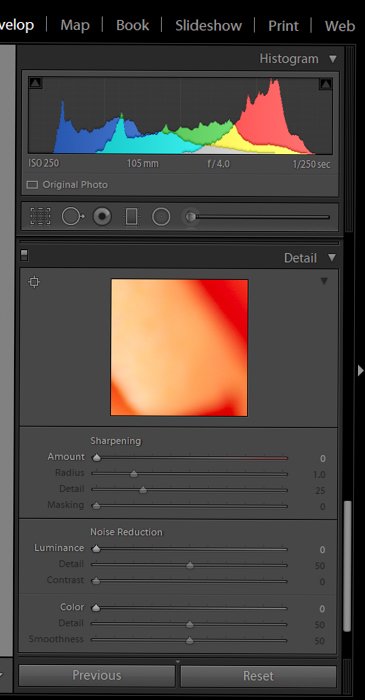 A screenshot of editing with the develop module in Lightroom