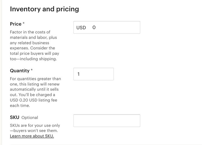 A screenshot of inventory and pricing to sell photos on etsy 