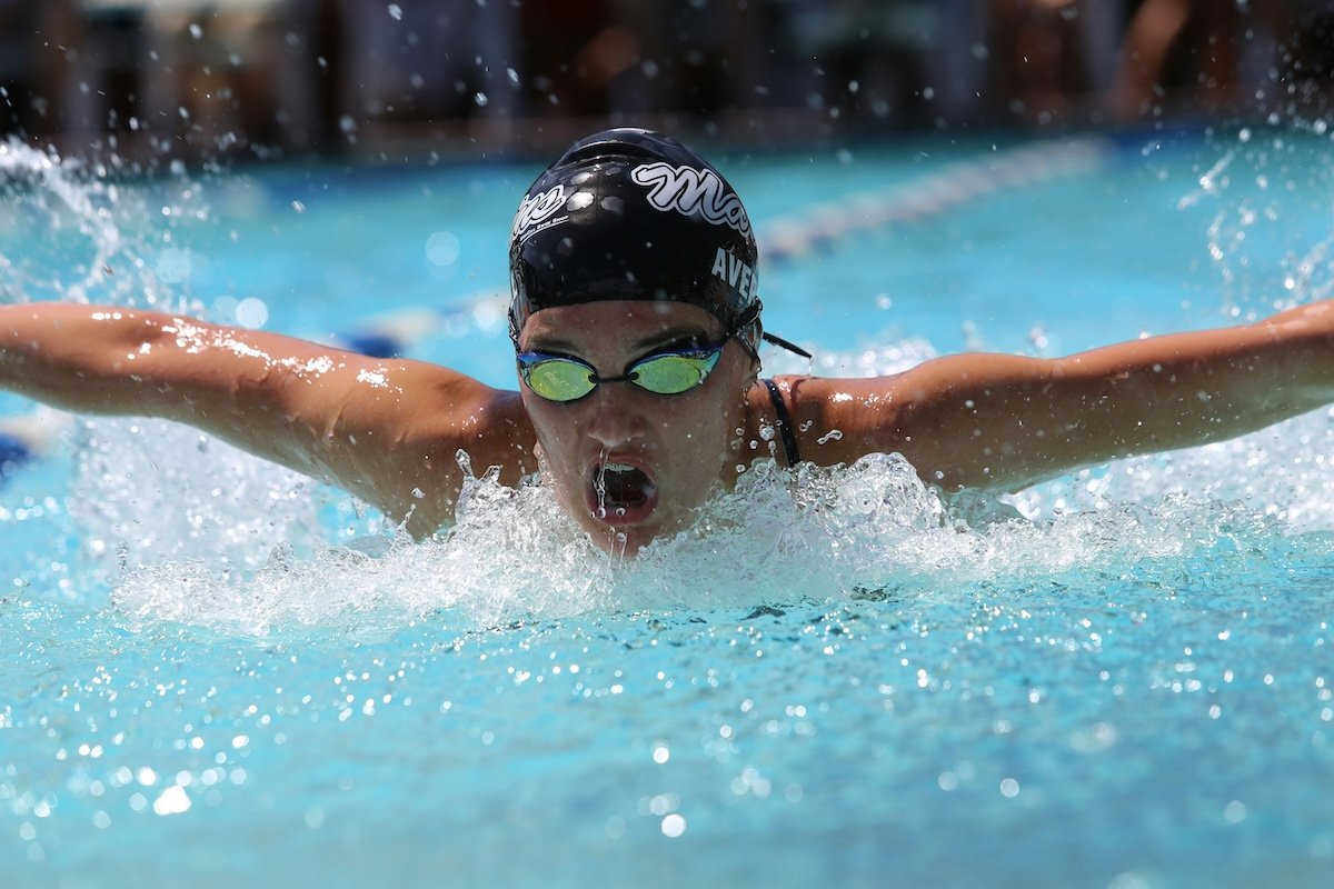 Head-on close-up of a breaststroke swimmer racing as an example of swimming photography
