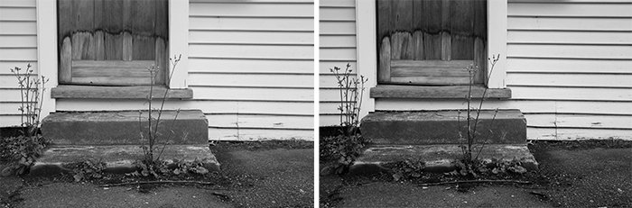 diptych showing the same monochrome photo of a doorstep with different tones