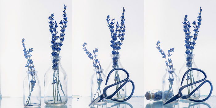 A still life triptych a chilli pepper on a fork setup to shoot colorful paint in water photography