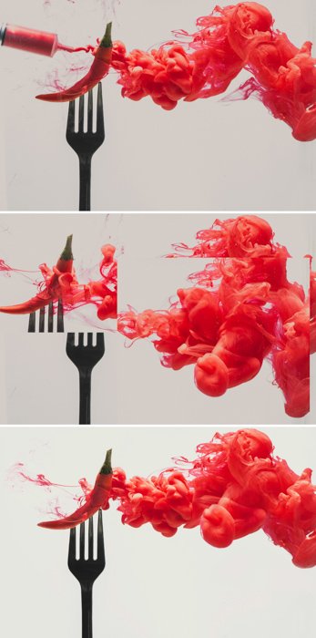 a triptych of an underwater chilli pepper on a fork - setup to shoot colorful paint in water photography