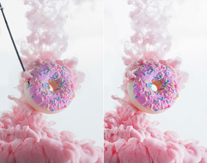 a diptych of pink doughnut and cloud, plus setup to shoot colorful paint in water photography