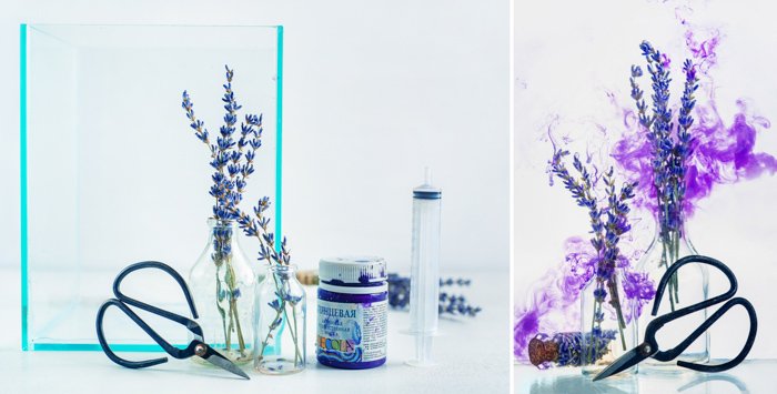 A still life diptych with purple cloud shot using colorful paint in water technique