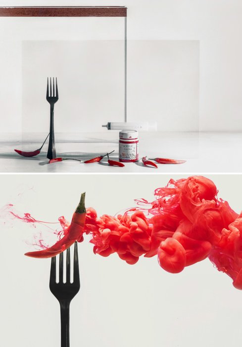 A diptych of a chilli on a fork with red cloud and setup shot using colorful paint in water technique