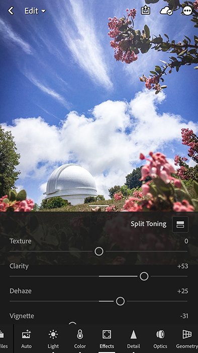 A screenshot of editing with Adobe Lightroom mobile