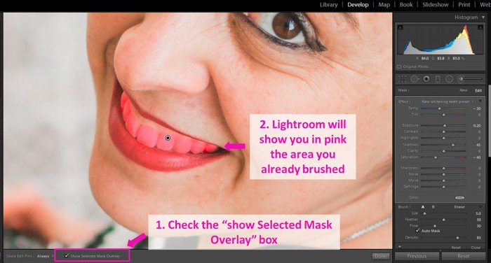 A screenshot showing how to whiten teeth in Lightroom using brush adjustment
