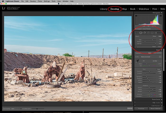 A screenshot showing where to find the spot removal tool in Lightroom 