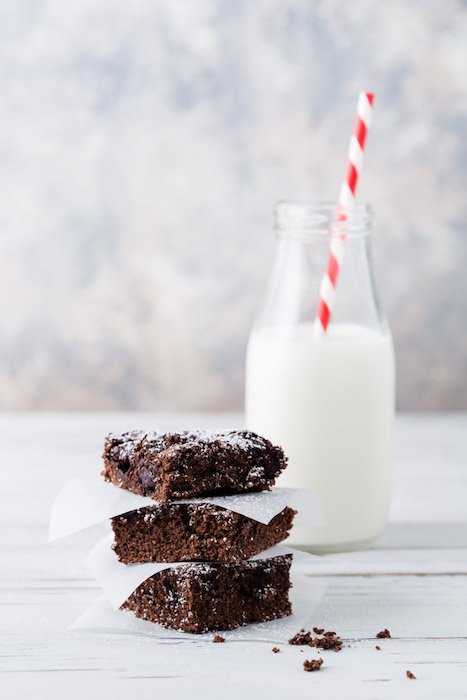 food photo of chocolate brownies in front of a bottle of milk 
