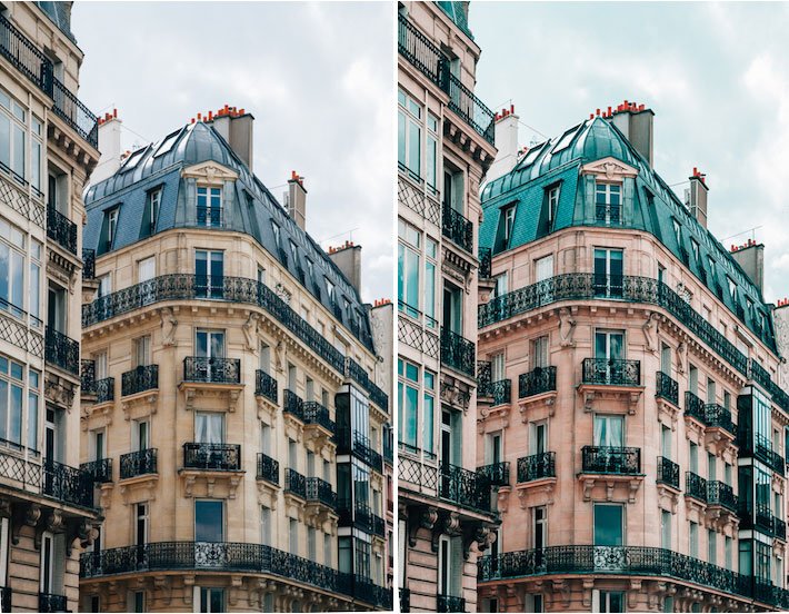 diptych showing architecture photography before and after editing to add the teal and orange effect