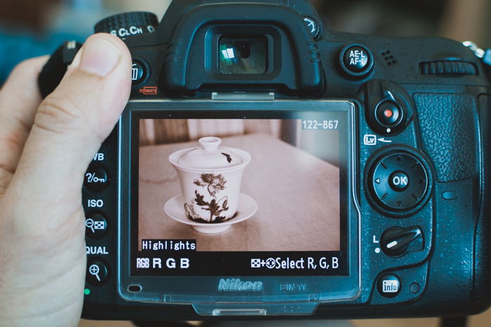 a close up of reviewing a sepia tone still life on a DSLR screen