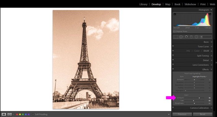 a screenshot showing how to edit a grainy sepia color photo of the Eiffel tower in Paris