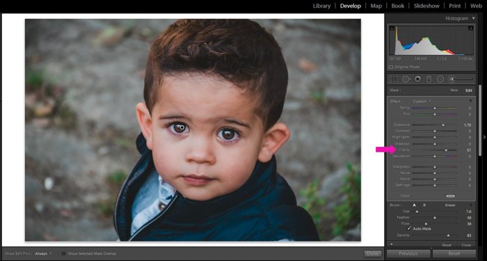 Editing a portrait of a little boy using a Brush with Clarity +57 and Exposure +1.70