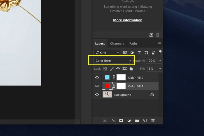 A screenshot showing how to set blend modes in Photoshop
