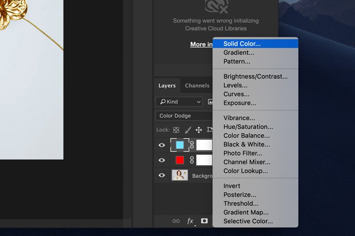 A screenshot showing how to add solid colour layers in Photoshop
