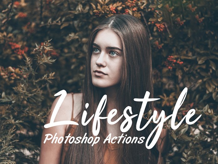 Screenshot of a lifestyle Photoshop Action graphic with a female model posing