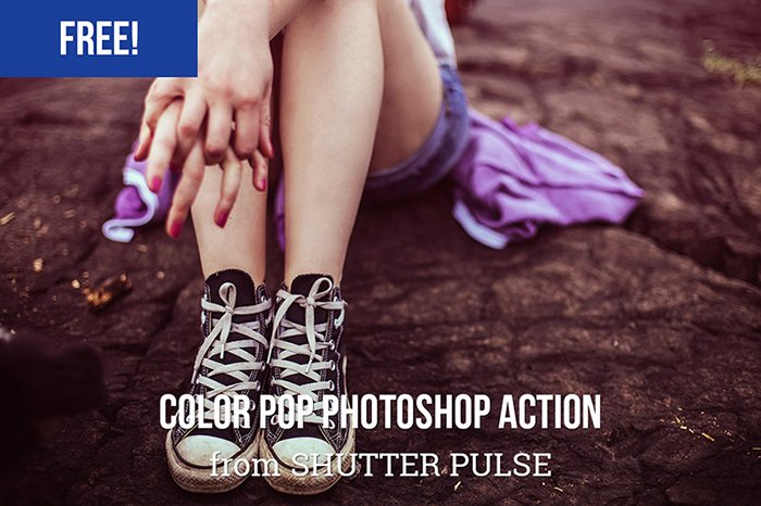 Screenshot of a free color Pop Photoshop action graphic showing a person's legs, hands, shoes and dress