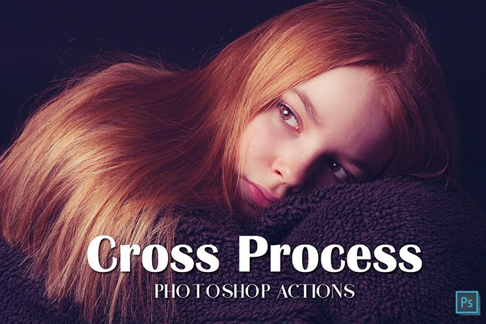 Screenshot of cross processing Photoshop action graphic with a female portrait