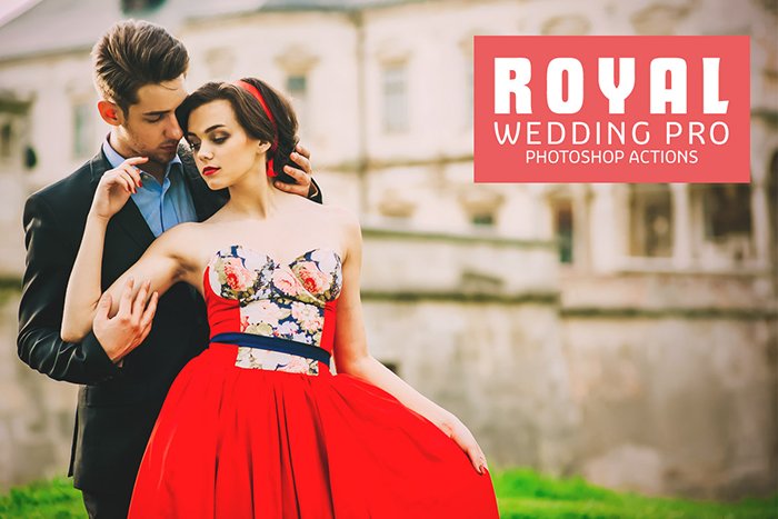Screenshot of a free professional royal wedding Photoshop action with a couple posing in elegant clothing