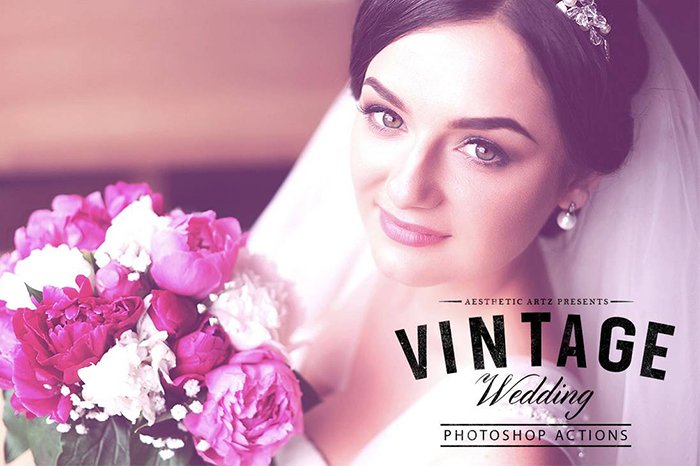 Screenshot of a vintage, wedding Photoshop action graphic with a bride posing with flowers