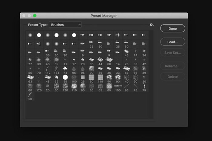 A screenshot of the preset manager in Photoshop 