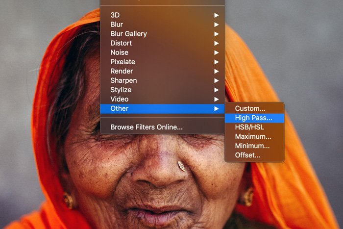 A screenshot showing how to apply the High Pass Filter in Photoshop 