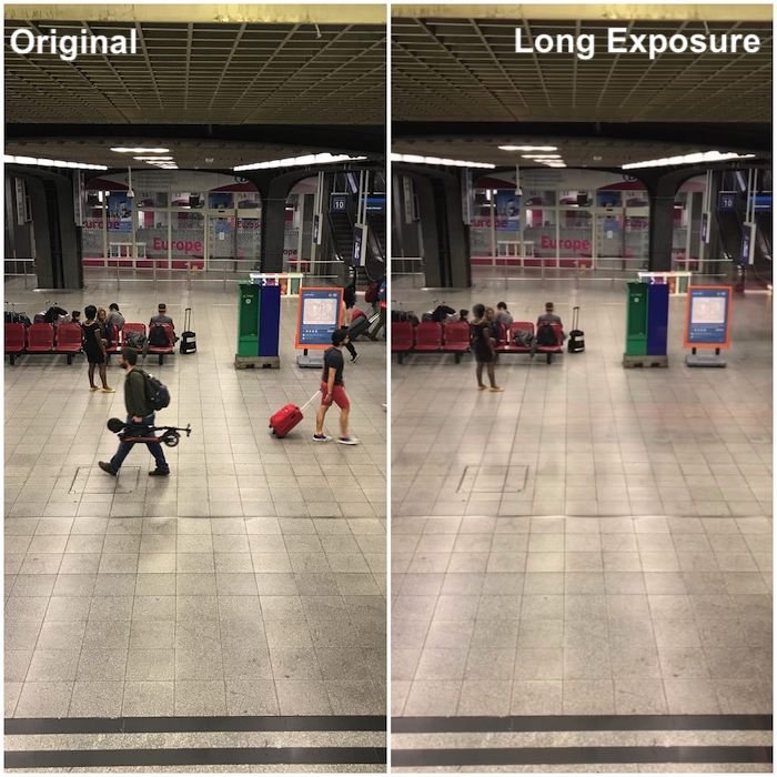 split screen photo showing how to use long exposure effect in iPhone 8 camera 