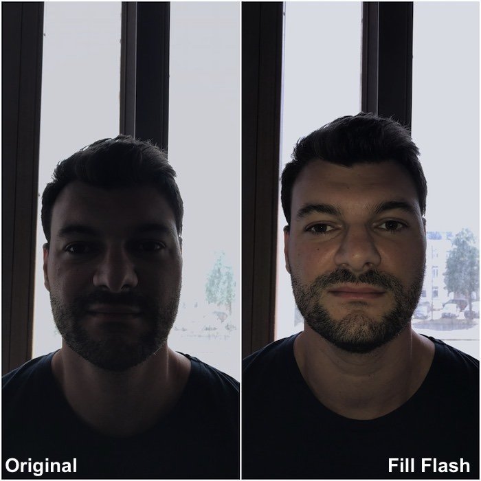 a split screen portrait of a male model shot with and without using fill flash