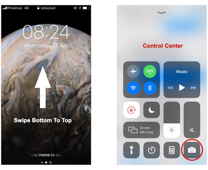 A screenshot of how to open camera app from the control center, iphone 8 camera tips