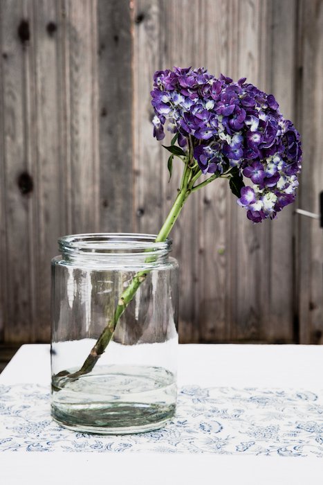 A bright and airy still life of purple flowers in a glass jar - smartphone flower photography