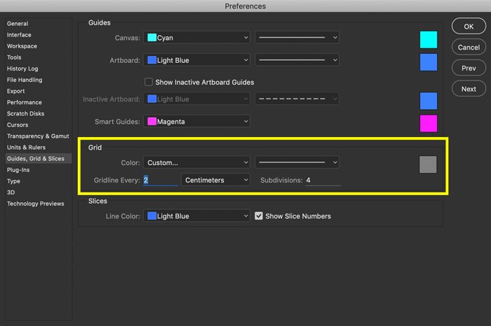 A screenshot showing how to edit grid preferences in Photoshop 