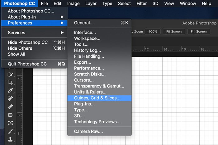 A screenshot showing how to choose grid, guides and slices preferences in Photoshop 
