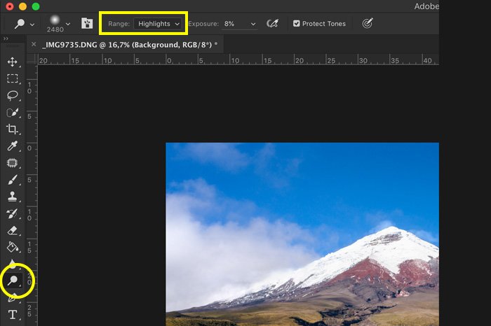screenshot showing how to photoshop landscape photos - dodge and burn
