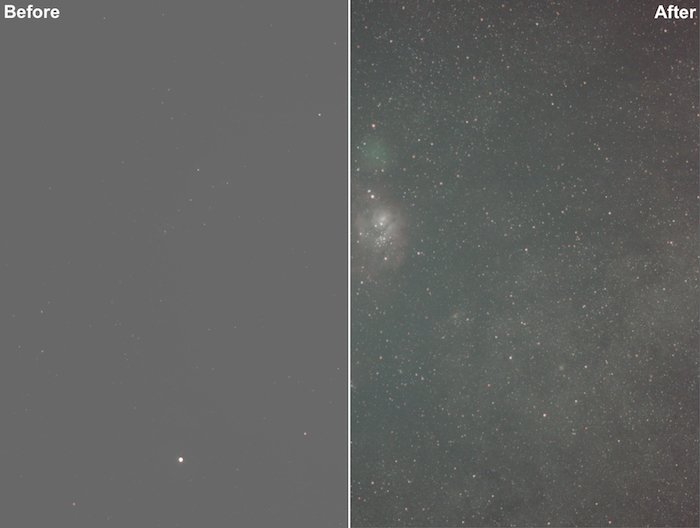 astrophotography diptych before and after editing with Annie's Astro Actions By Enterprise Astronomy & Photography