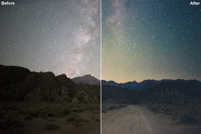 before and after editing a starry landscape with Lonely Speck’s Film Speck One by Lonely Speck (free)