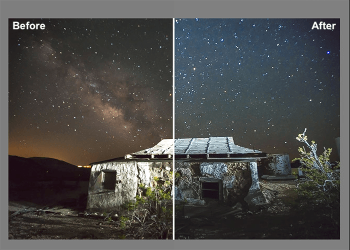 astrophotography diptych before and after editing with Gavin Hardcastle’s Milky Way Lightroom Presets