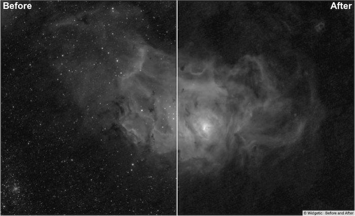 Screenshot showing before and after using The Star Removal action editing for astro pictures